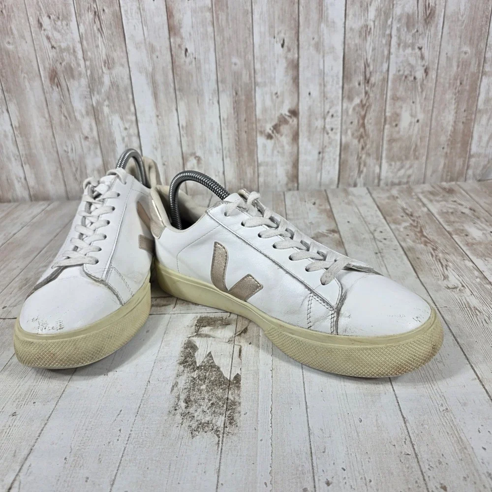 Veja Esplar White Leather Metallic Gold Low Top Sneakers Womens Size 10 EUR 41